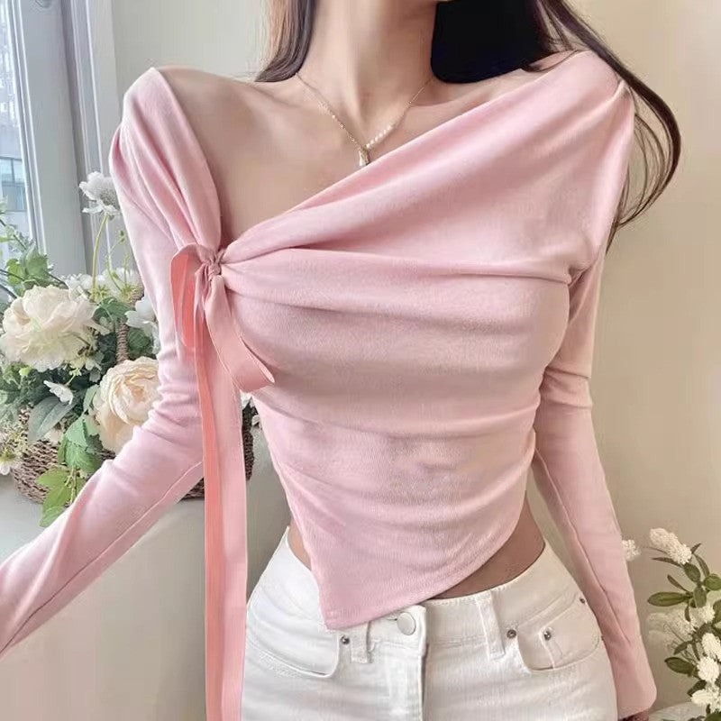 Fashionable Sexy Off-Shoulder Bow-Trimmed Asymmetrical Hem Long-Sleeve Top And Pants Set