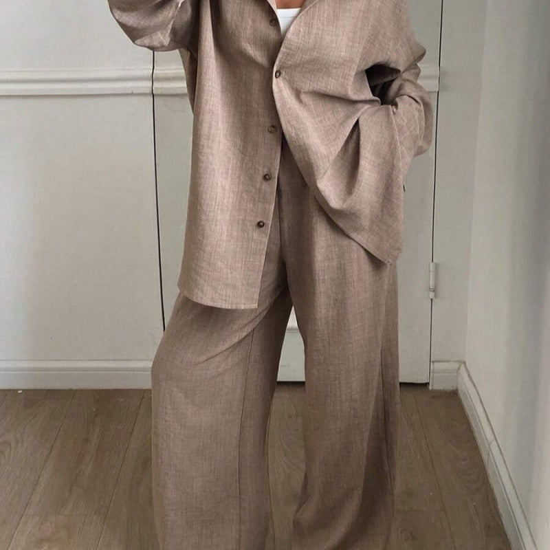 Loose Profile Long Sleeve Shirt High Waist Drooping Wide Leg Pants Two-piece Set