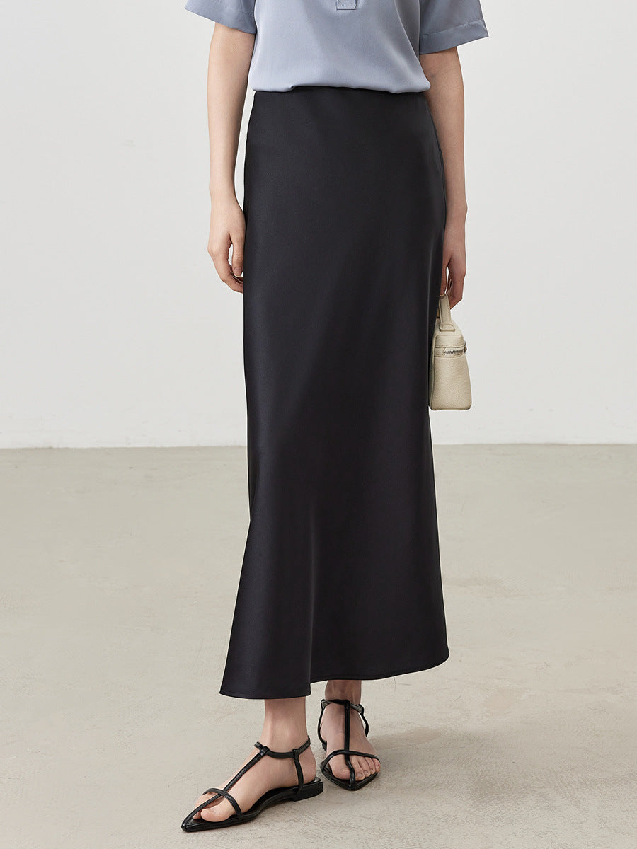 Women's Solid Color Silk Mid-length Elastic Waist Skirt