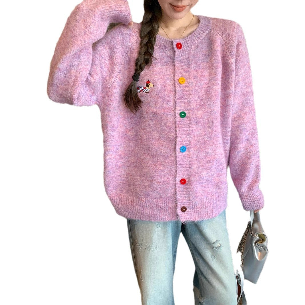 Women's Sweet Round Neck Color Buckle Puppy Pattern Long-sleeved Sweater Cardigan