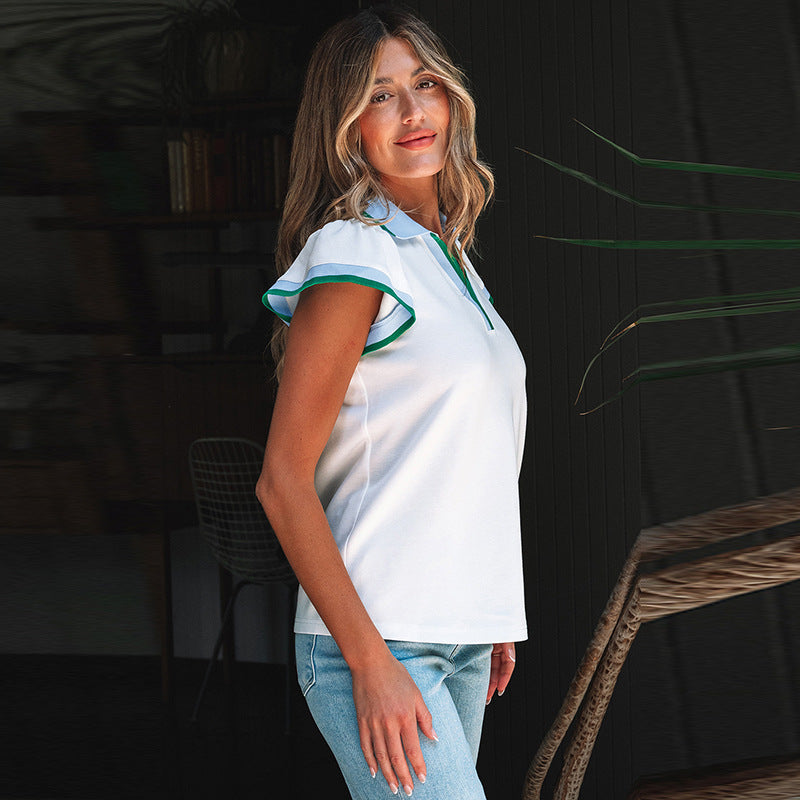 Color Stitching Turnover Neck Pullover