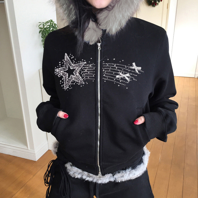 New Retro Fur Collar Stitching Zipper Sweater Cardigan