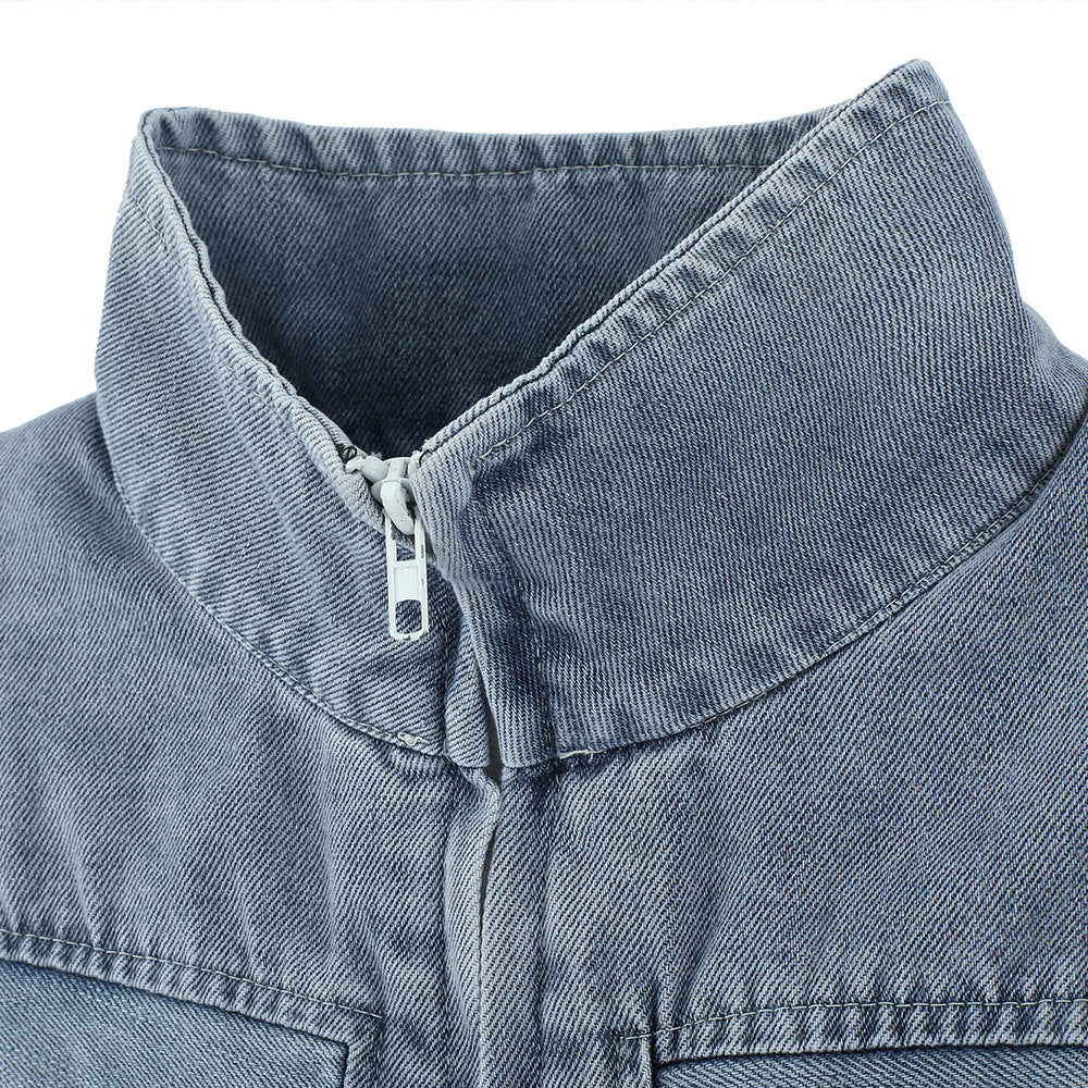 Short Hollow-out Denim Stand Collar Vest Men's Workwear Sleeveless Vest