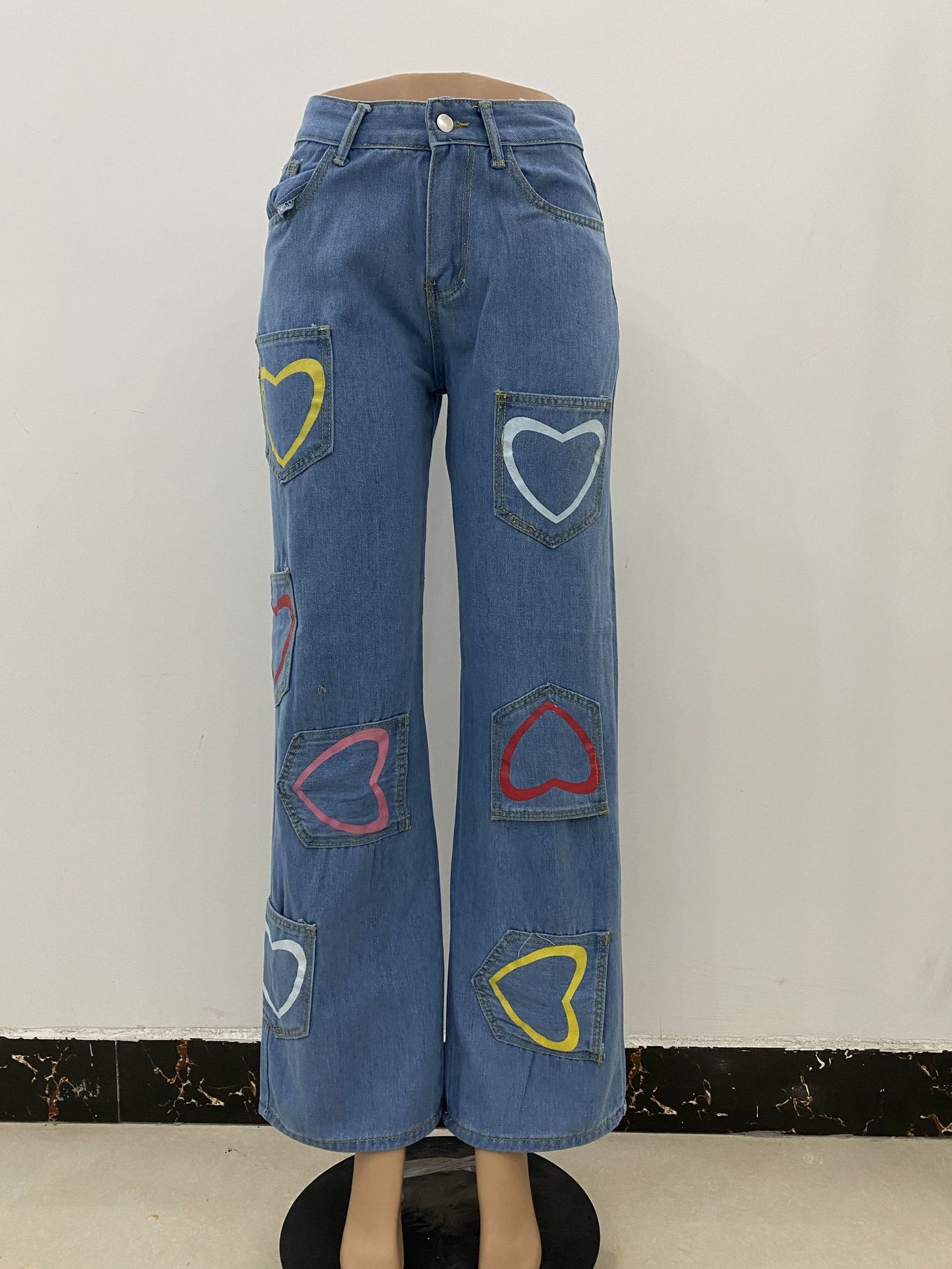 Multi-pocket Colorful Heart Print Jeans Women's Flared Pants