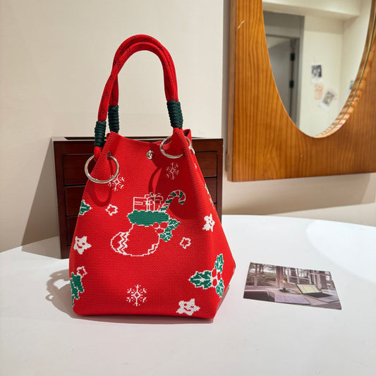 Womens Red Knitted Tote Bag With Magnetic Closure And Large Capacity