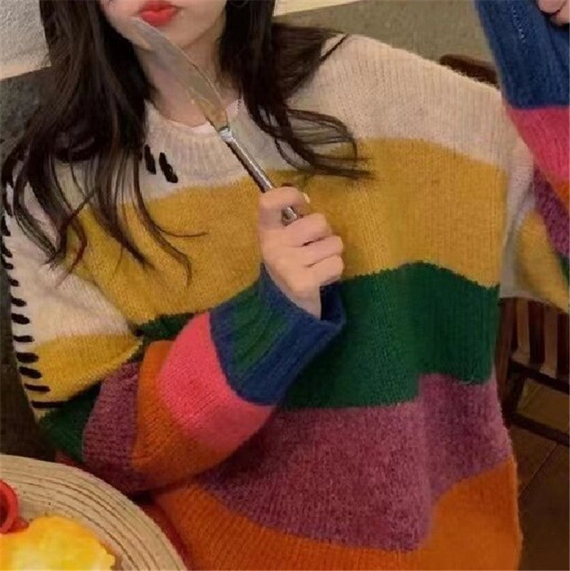 Rainbow Strip Loose Pullover Female