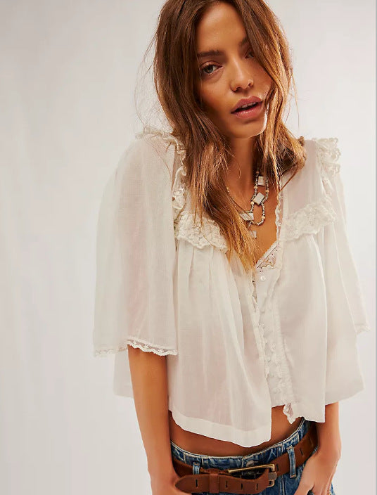 Lace-trimmed Collar Loose-fitting Fashionable Pleated Top For Women