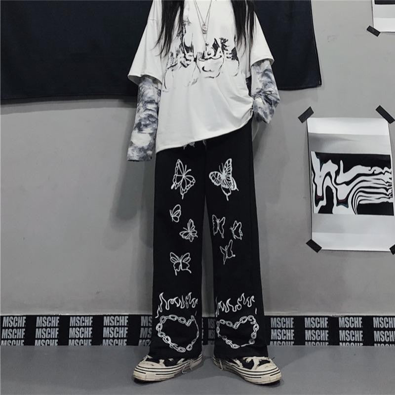 Retro Butterfly Print Wide Leg High Waist Women's Casual Pants