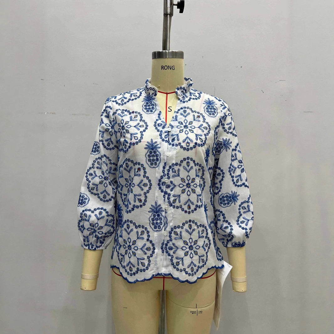 Patterned Stand-up Collar Button-up Top Casual Shirt