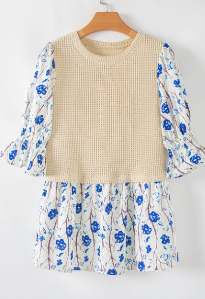 Beige Waffle Floral Patchwork Short Flounce Sleeve Peplum Blouse
