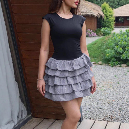 Fashionable Figure-flattering Color-blocked Multi-layer Pleated Patchwork Dress