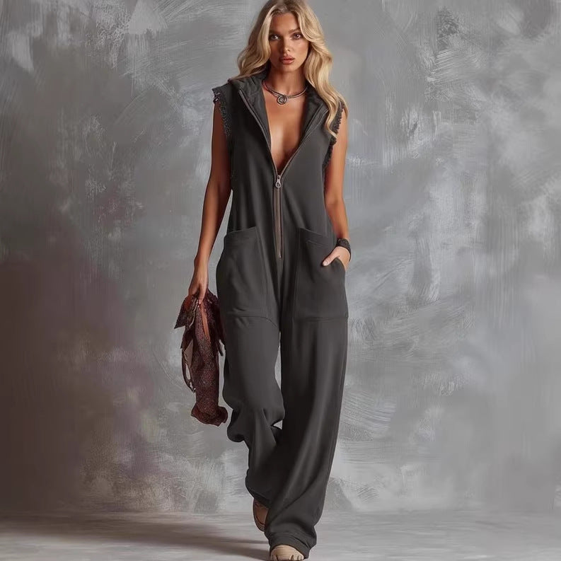 Womens Retro Hooded V-Neck Zip-Up Jumpsuit