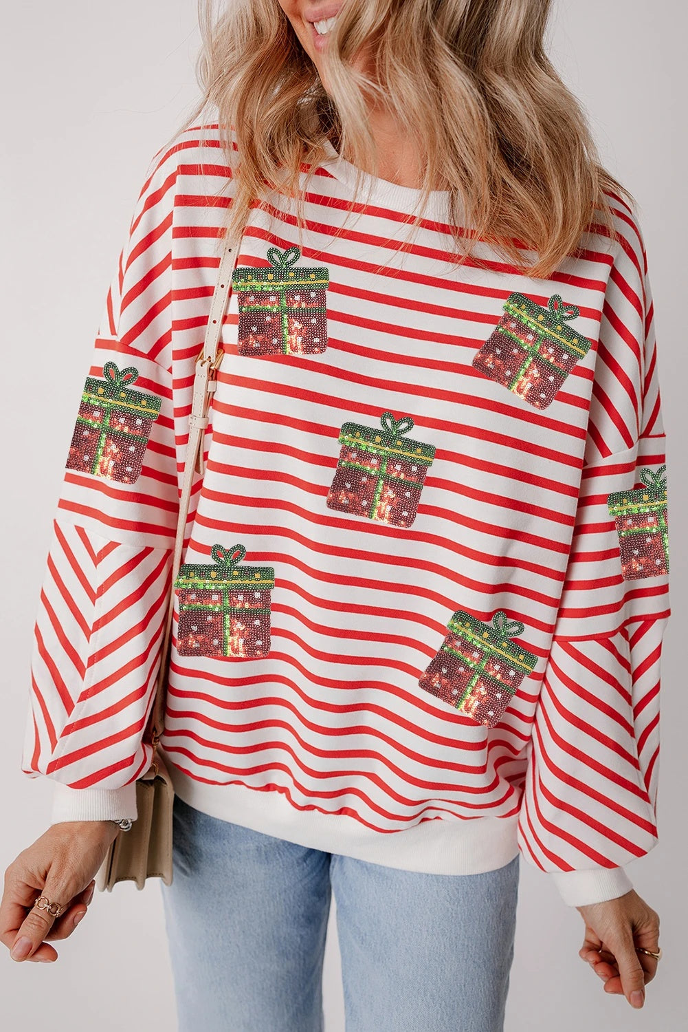Orange Stripe Sequin Christmas Gift Patch Drop Shoulder Sweatshirt