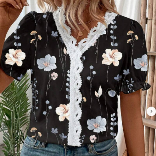 Dame Ferie Fritid Blomsterprint Kontrastblonde Puftopbluse