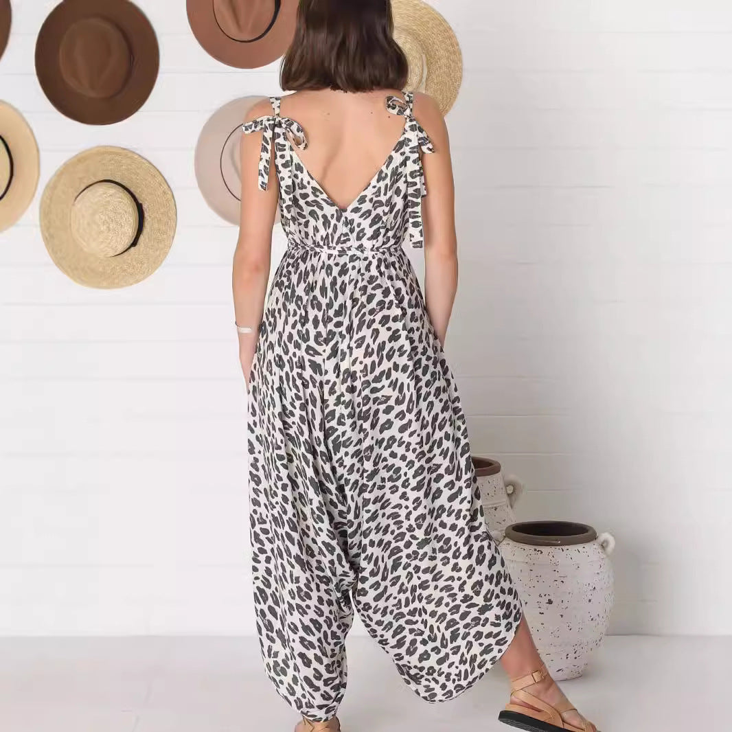 Suspender Leopard Print Wide Leg Jumpsuit