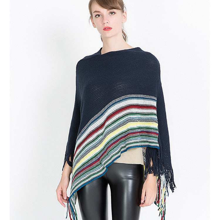 Warp-knitted Color Block Jacquard Striped Pullover Shawl
