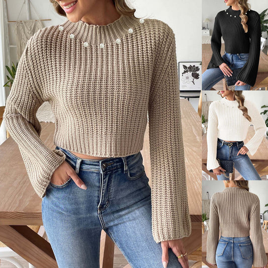 Women's Short Cropped Cropped Flared Sleeve Half Turtleneck Pullover