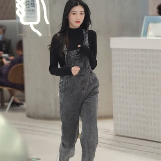 Vintage Sweet Black Denim Strap Pants Female