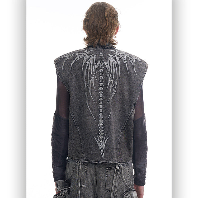 Dorsal Spine Wings Embroidery Short Denim Vest Coat