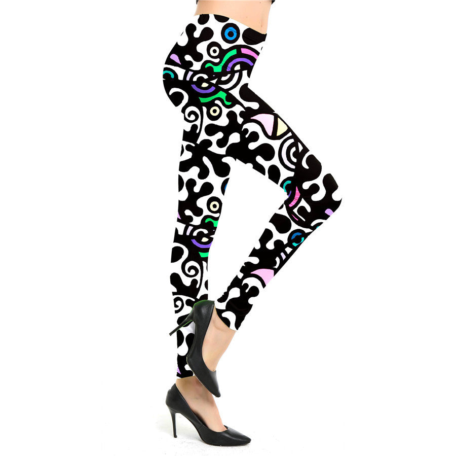 European And American Cartoon Abstract Graffiti Print Leggings Women