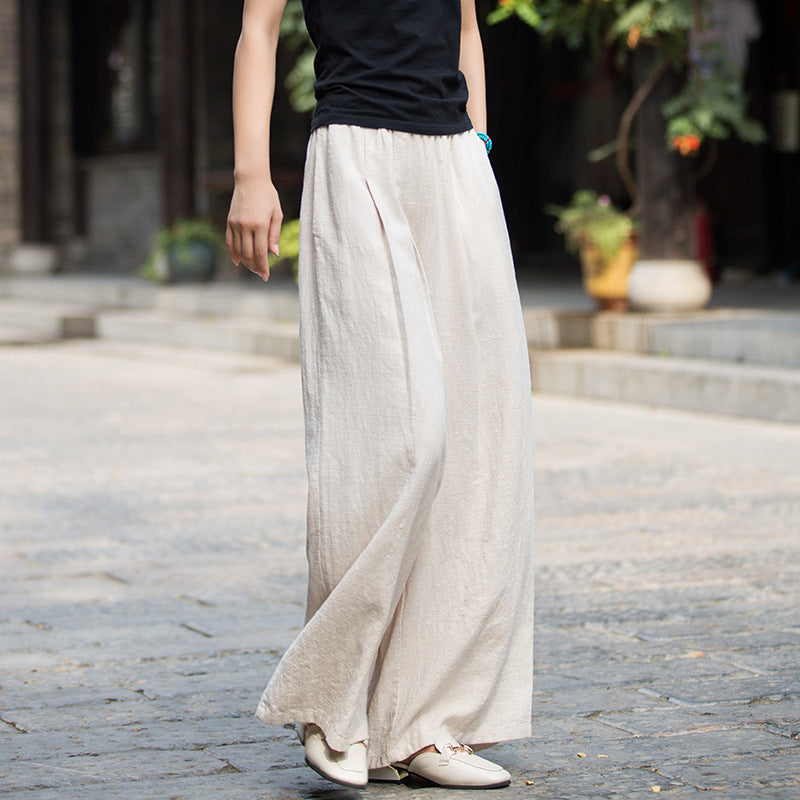 Kvinders bomuld- og hørstonewashed kunstneriske all-match wide leg bukser
