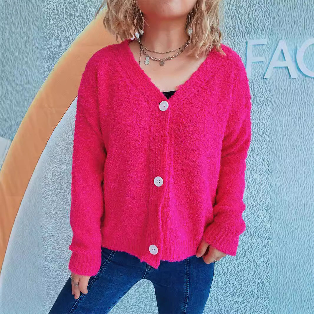 Solid Color And V-neck Single-breasted Long Sleeve Seersucker Knitted Cardigan Coat For Women