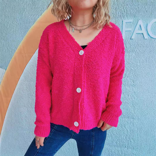 Solid Color And V-neck Single-breasted Long Sleeve Seersucker Knitted Cardigan Coat For Women