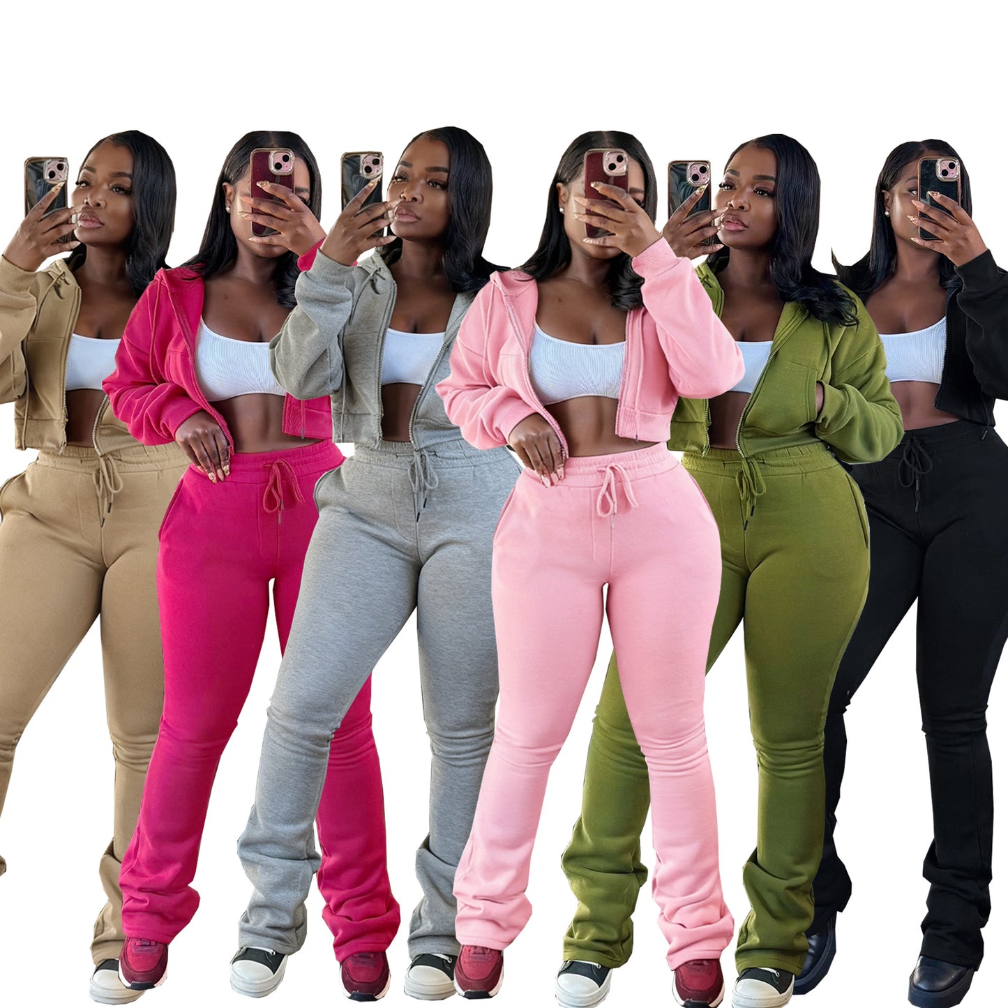 Women's Hooded Zip-Up Waist-Tying Fleece Sweatshirt Sport Set