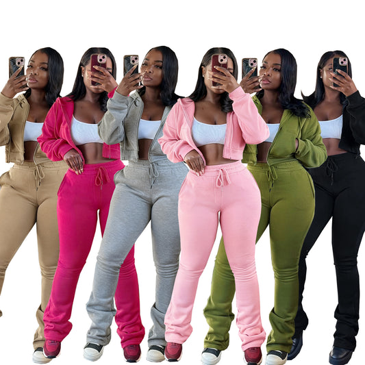 Women's Hooded Zip-Up Waist-Tying Fleece Sweatshirt Sport Set