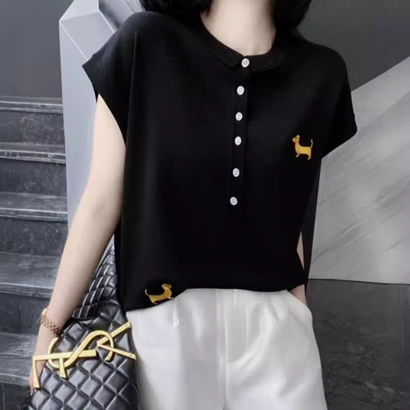 Half-button Small Lapel Ice Silk Knitted Embroidered Striped Vest Top