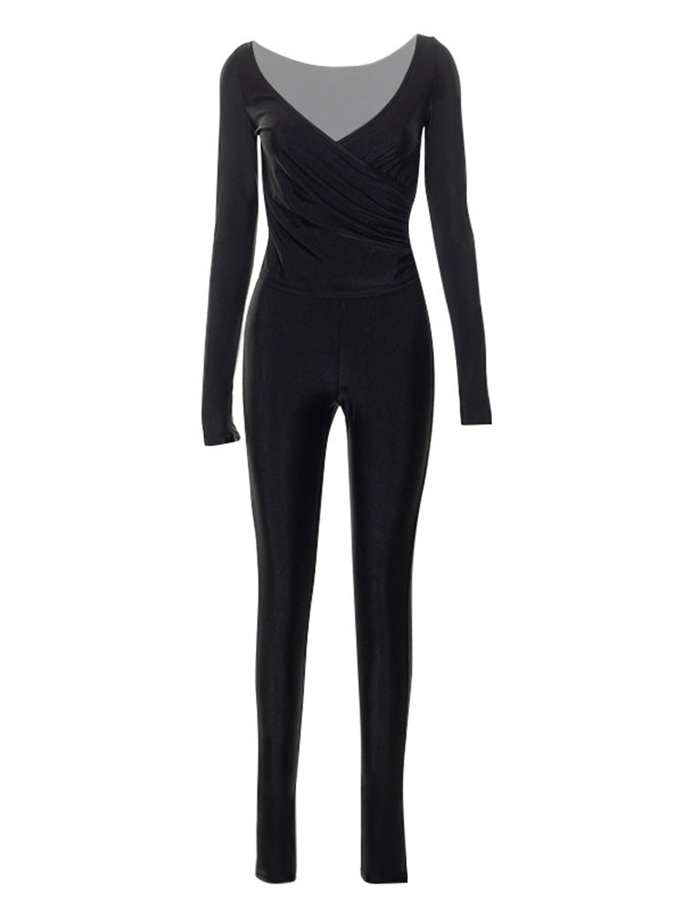 New Solid Color And V-neck Finger Fit Design Long-sleeved Trousers Casual Suit Women
