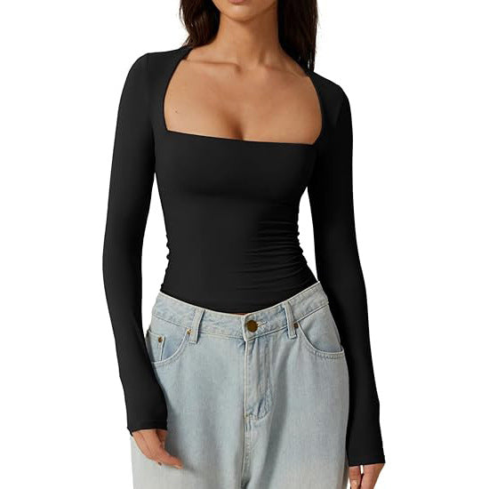 Women's Square Neck Autumn Top Long Sleeve Slim Fit Pullover Milk Silk T-shirt Elegant