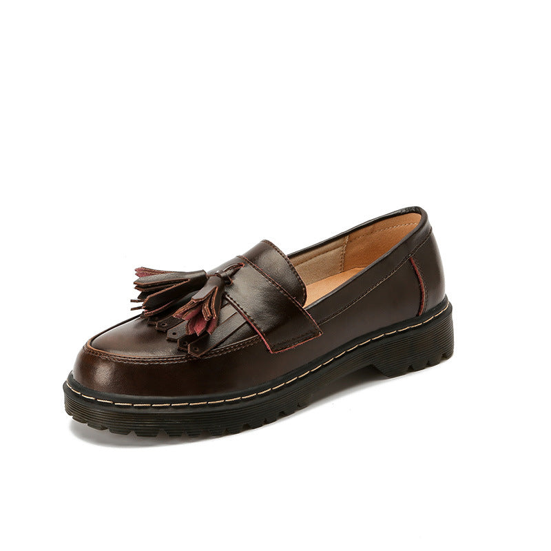 Tassel Retro Girls Artistic College Chunky Heel Loafers Leather Shoes