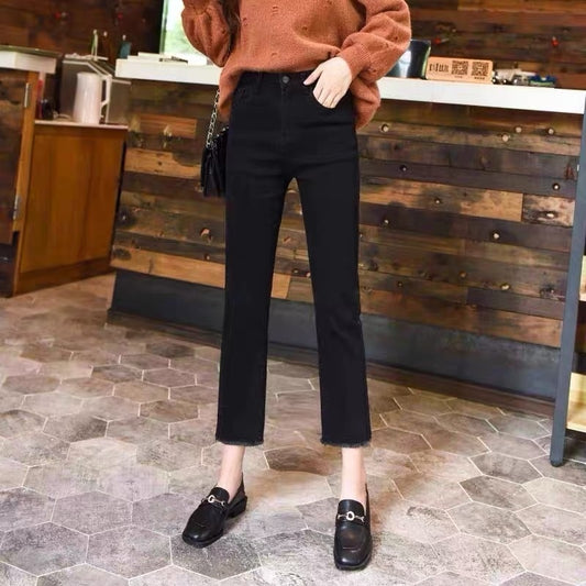 Højtaljede slankende cropped lige jeans til forår og efterår