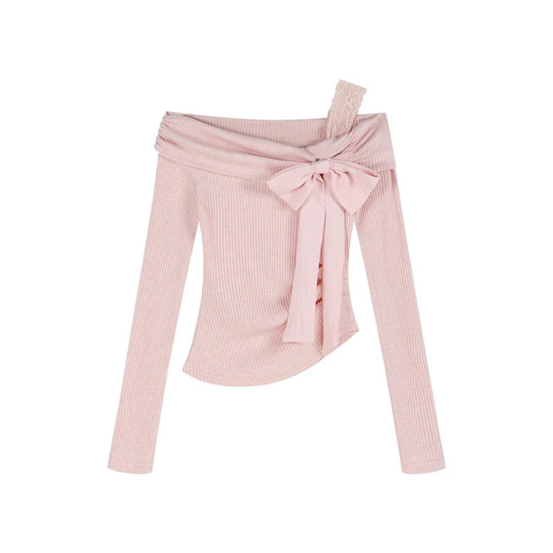 Off-shoulder Bowknot Off-shoulder Upper Clothes Long Sleeves T-shirt