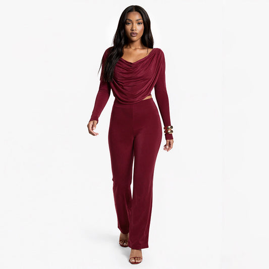 Solid-color Casual Boat-neck Long-sleeve Top And Slim-fit Pants Set