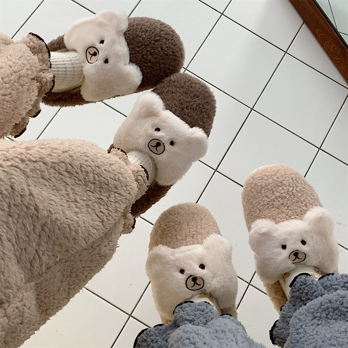Cute Bear Plush Shoes Women's Warm Cotton Slippers