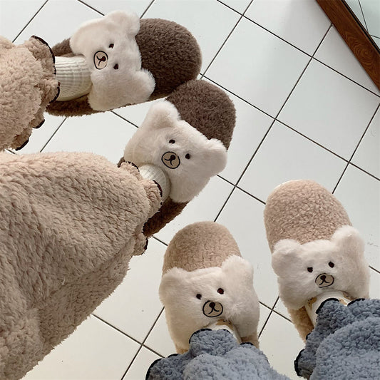 Cute Bear Plush Shoes Women's Warm Cotton Slippers