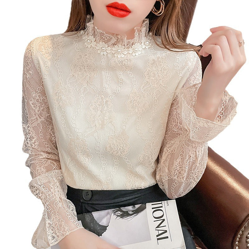 Fashion European Fleece-lined Thick Lace Bottoming Shirt Western Style Chiffon Small Shirt For Women