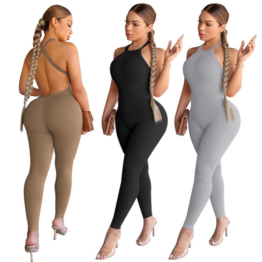 Women's Sling Pure Color Tight High Top Sports Jumpsuit