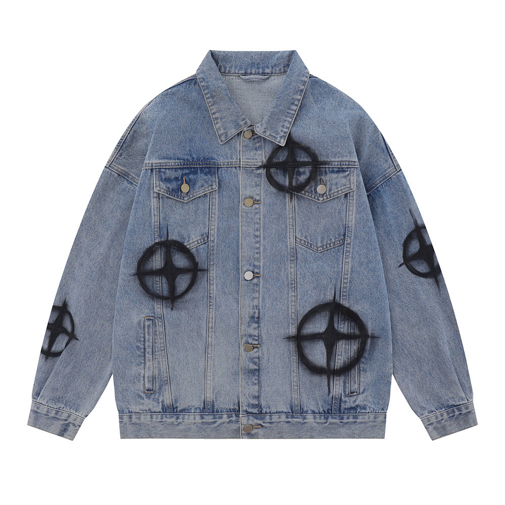 Dark Cross Graffiti Patterned Denim Jacket
