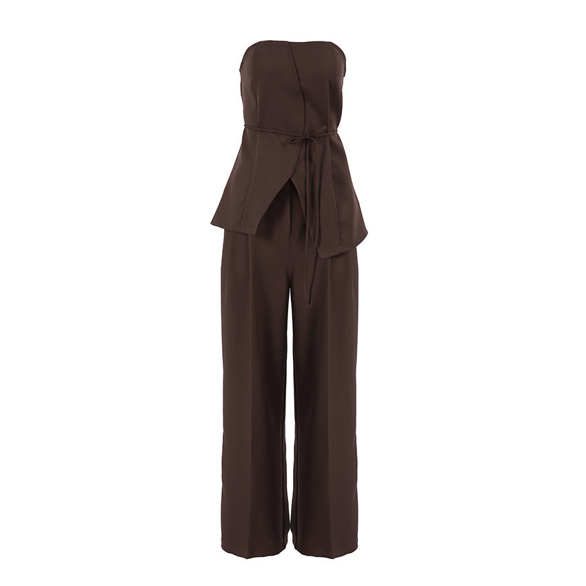 European And American Cross-border Brown Tube Top Wide-leg Pants Two-piece Set Women's Summer Fashion Vest Suit Design Sense Women's Clothing