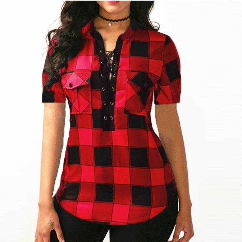 Summer Women's Lace-up Short-sleeved Plaid Shirt