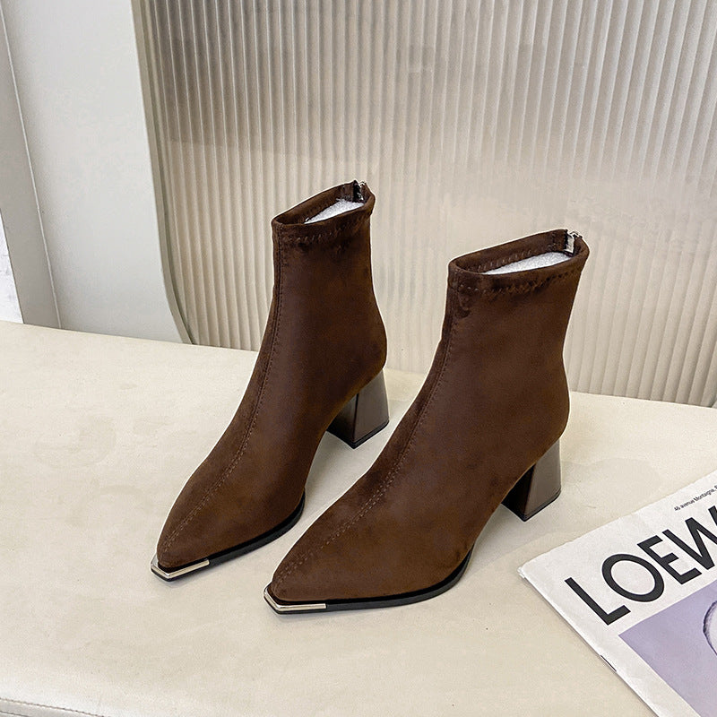 Vintage Chunky-heeled Suede Pointed-toe Ankle Bootsversatile