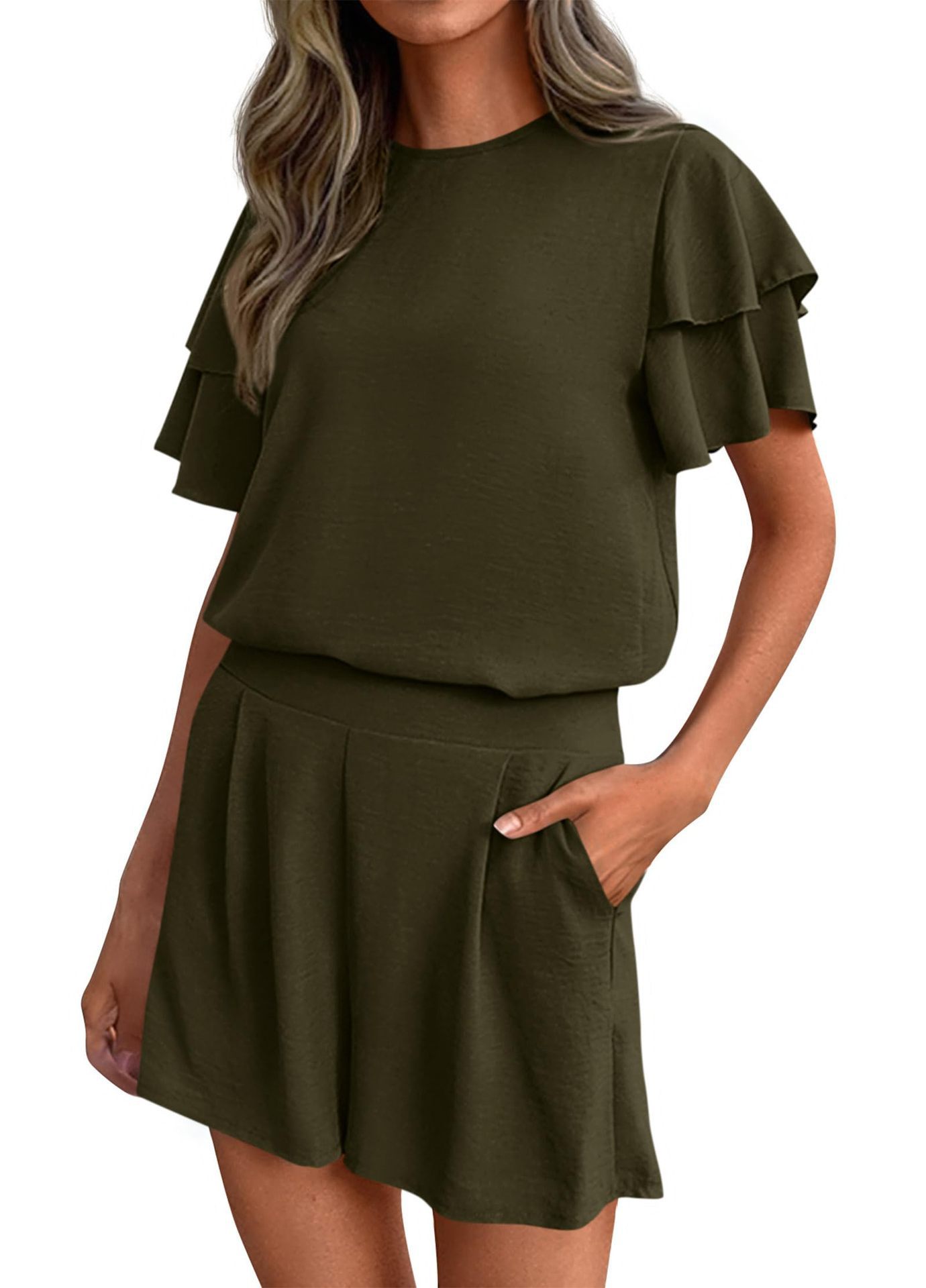 Women's Fashionable Casual Two-Piece Set Crew-Neck Short-Sleeve Top And Shorts