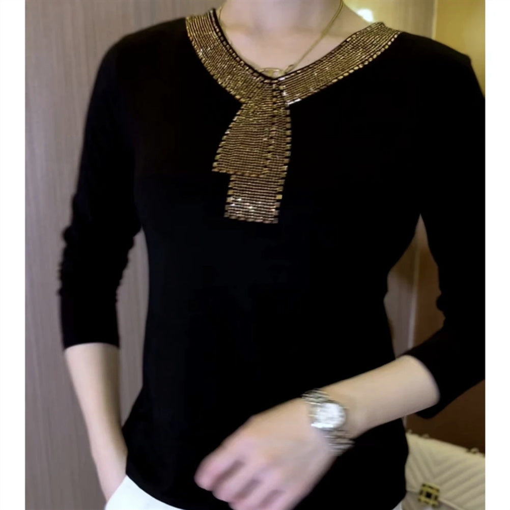 Stylish Women's Slim-fit Long Sleeve Rhinestone Autumn Versatile Fashion