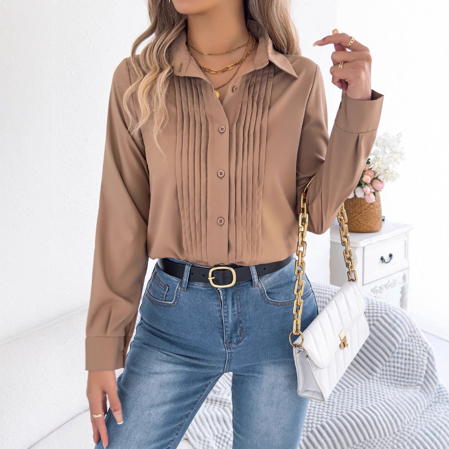 Pleated Solid-color Button-up Long-sleeve Business Shirt