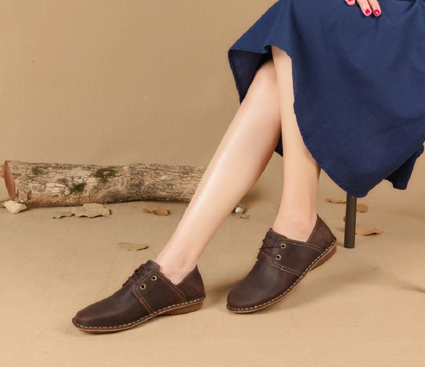 Lace-up Retro Autumn Style Hand-stitched First Layer Cowhide Women's Shoes