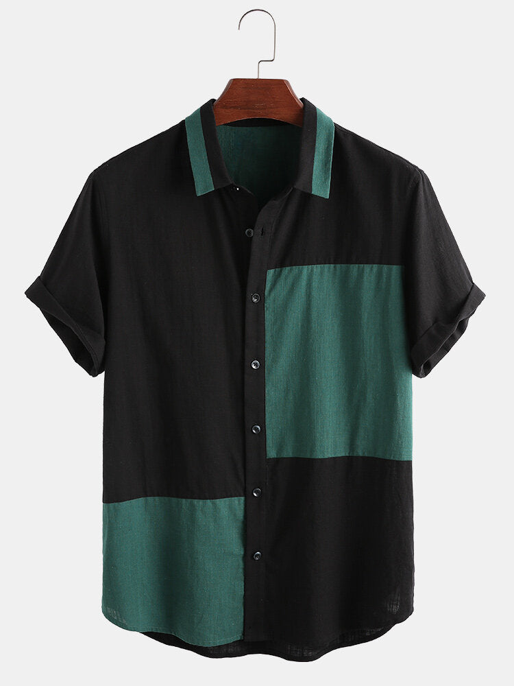 Colorblock Short Sleeve Fit Lapel Men's Shirt