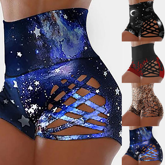 Women's High Waist Printed Pants Cross Cutout Tight Yoga Shorts